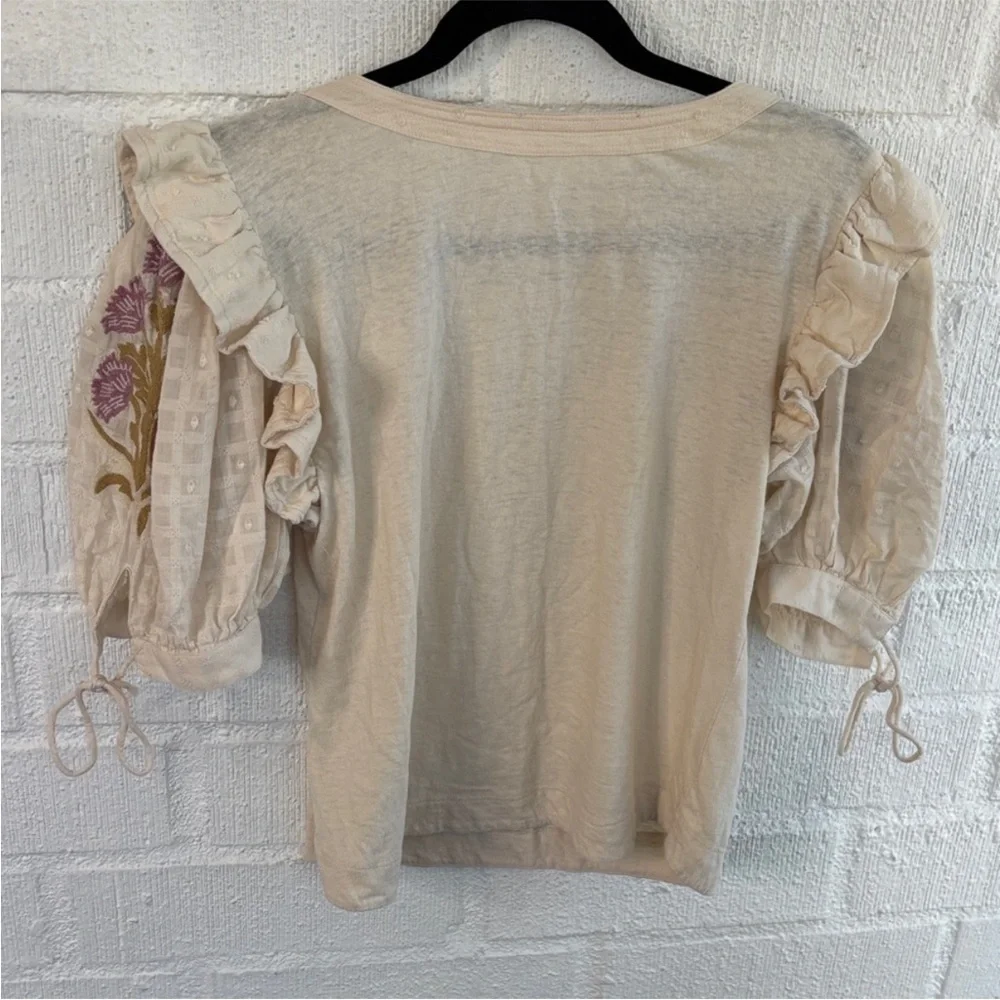 Anthropologie Cream Blouse with Embroidered Sleeves